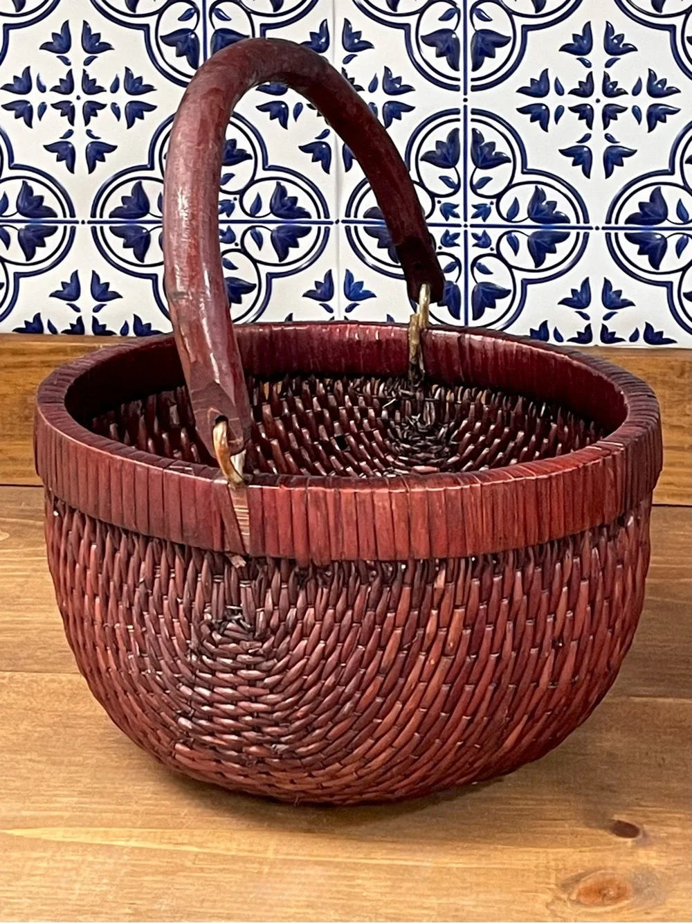 Vintage Chinese Lacquered Woven Harvest Basket Wooden Handle Asian Rustic Decor